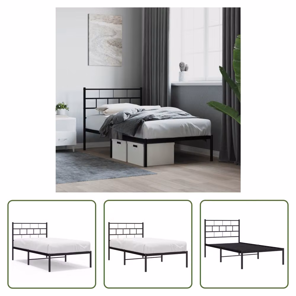 The Living Store Struttura letto con testiera in metallo nero 100x200 cm