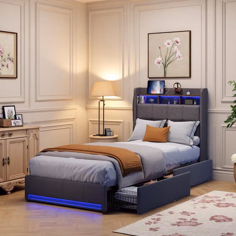 UnboxG Letto singolo 90×200 cm Grigio, letto imbottito in lino con 2 cassetti, testiera LED, USB e Type-C