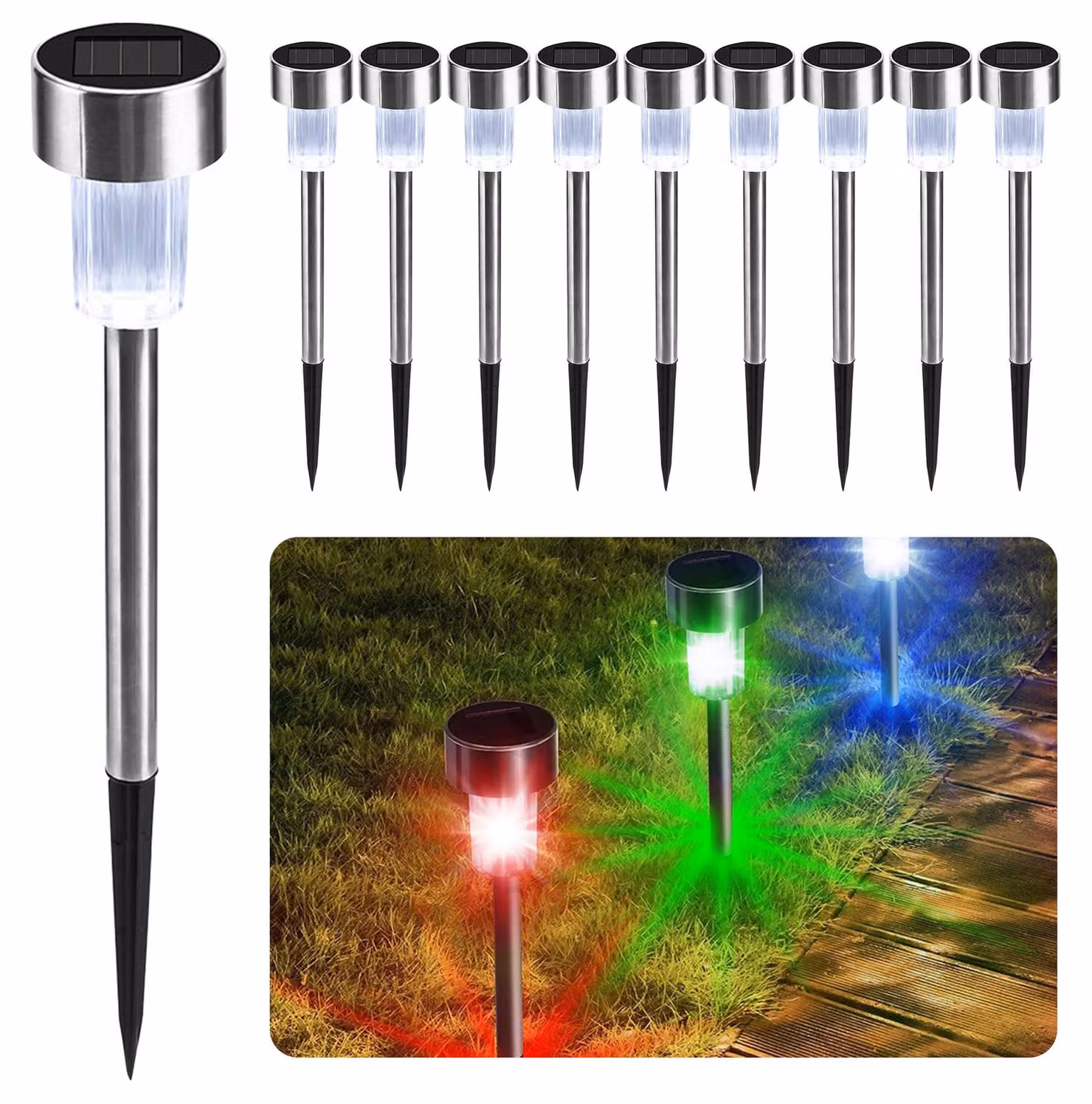 Set di 10 luci solari per giardino, con cambio di colore, tecnologia LED, acciaio inossidabile, grado di protezione IP65