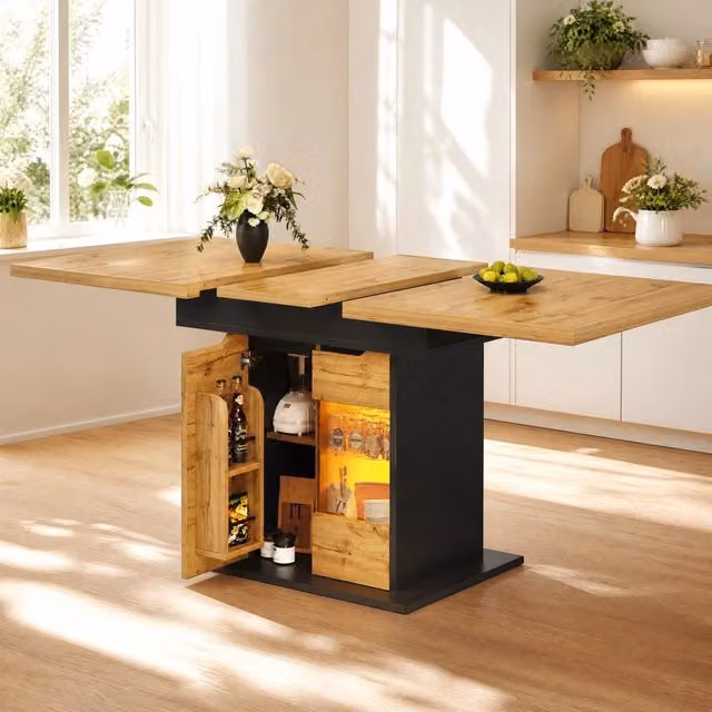 Tavolo da pranzo allungabile moderno REDOM rettangolare in MDF e vetro, colori nero e marrone, L: 110-140 cm x P: 80 cm x H: 76 cm – 1