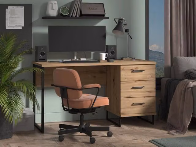 Scrivania moderna DMORA Ponza in legno rovere marrone e metallo nero L/P/H: 137.5 x 56 x 75 cm – 1