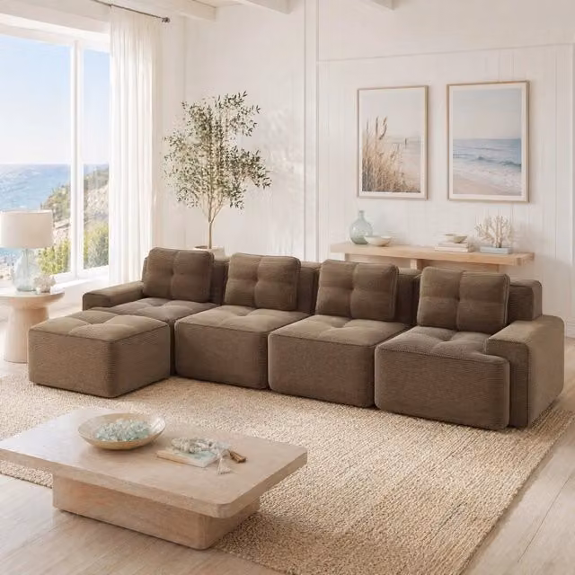 Divano angolare modulare MIVRAY in velluto a coste marrone con funzione letto e seduta profonda
