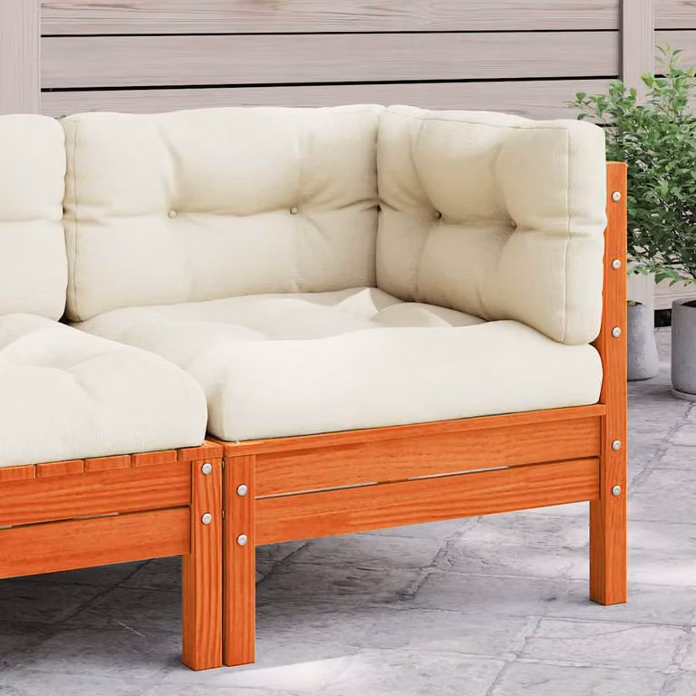 vidaXL Divano Angolare da Giardino in Legno di Pino Massello con Cuscini Imbottiti Marrone e Beige