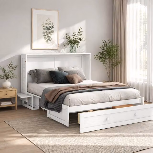 Letto a scomparsa 140 x 200 cm con cassetto e ripiani laterali in pino e MDF bianco