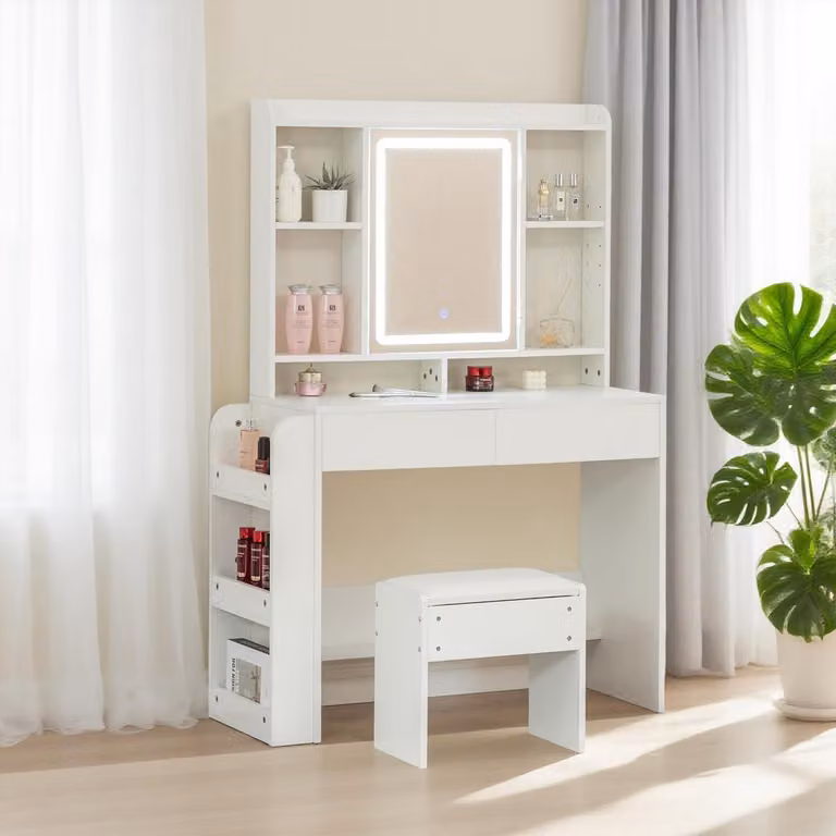 Comò da trucco con illuminazione a LED, sgabello, 9 ripiani, bianco, 90x40x145 cm