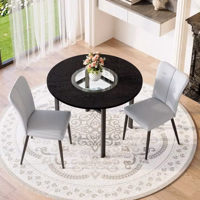 Set tavolo e sedie con tavolo rotondo e 2 sedie imbottite, ripiano in vetro, MDF nero e PU grigio chiaro