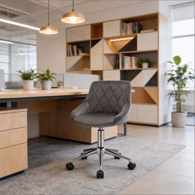 Sedia da ufficio girevole OKWISH in velluto grigio scuro con altezza regolabile e ruote in metallo per home office