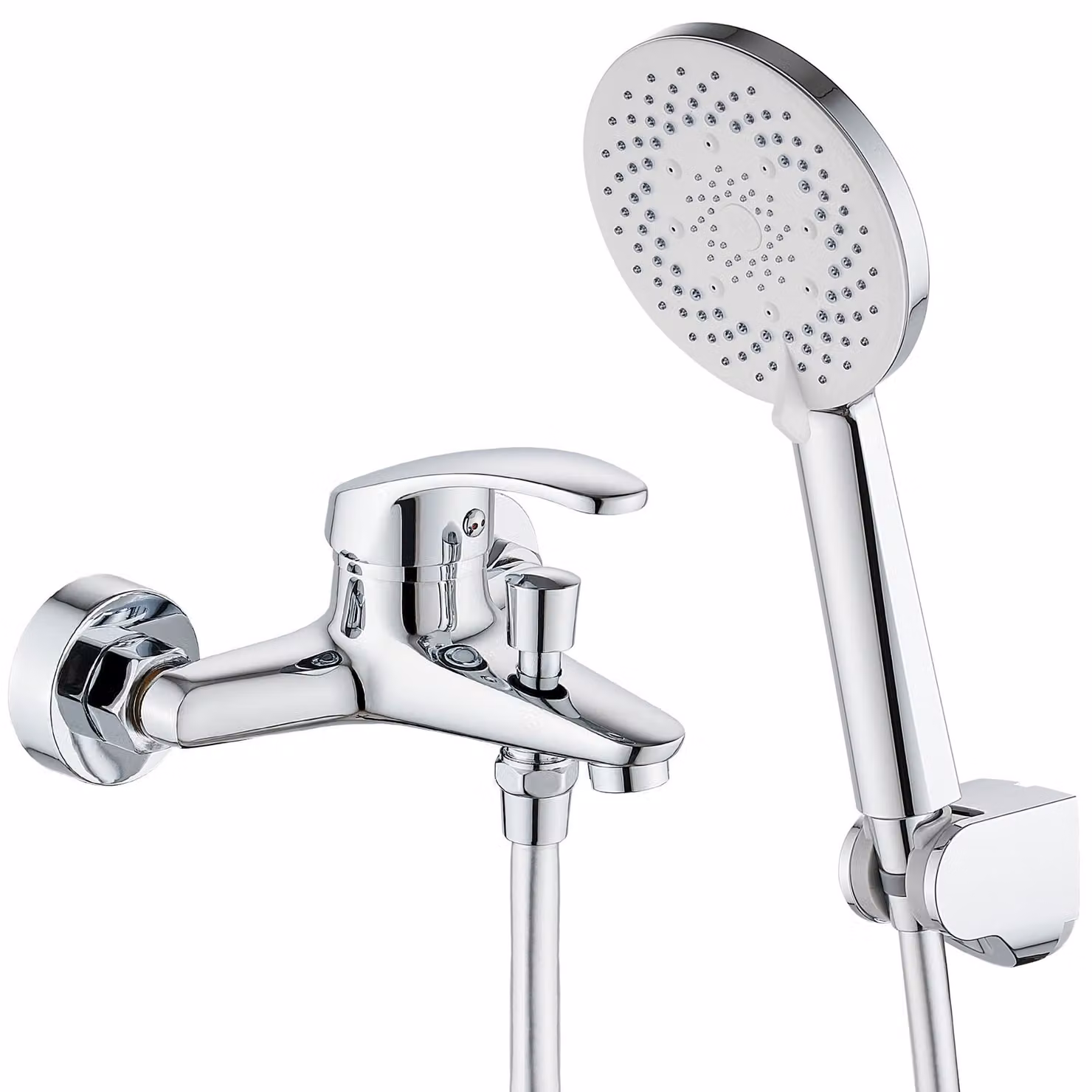 Rubinetto per doccia con soffione manuale, 5 getti, tubo da 150 cm, cromato