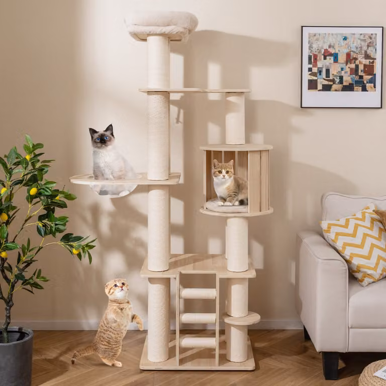 Tiragraffi per gatti Costway in legno naturale con torretta e condo per gattini, Altezza: 185 cm