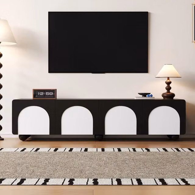 Mobile TV Xylo moderno con cassetti e ante, Nero/Bianco, L: 180 cm, P: 38 cm, H: 45 cm