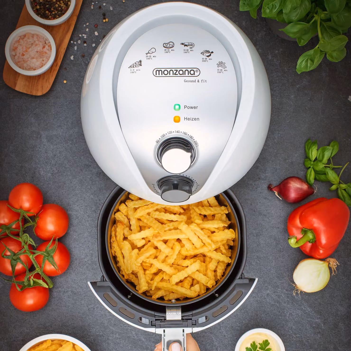 Friggitrice ad aria Monzana 9in1, bianca e argento, capacità 3,6 L, 1500 W – 2