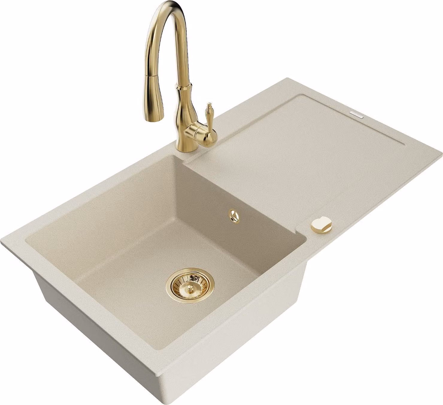 Mexen Leo lavello da cucina in granito a 1 vasca con scolapiatti e rubinetto da cucina Savita, beige - 6501-69-672601-50