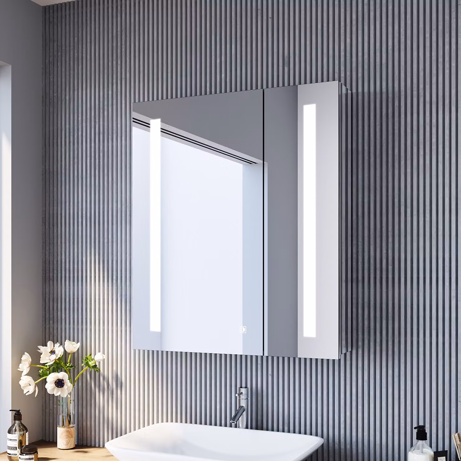 SONNI armadietti a specchio con ante a battente in acciaio inox LED 60x70x13cm con interruttore a sfioramento singolo e presa per rasoio