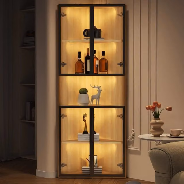 Vetrina LED in vetro temperato 62x32x160 cm, lato esterno in quercia, striscia luminosa integrata, a prova di polvere con porta. Per collezioni, libri, vino o bagno