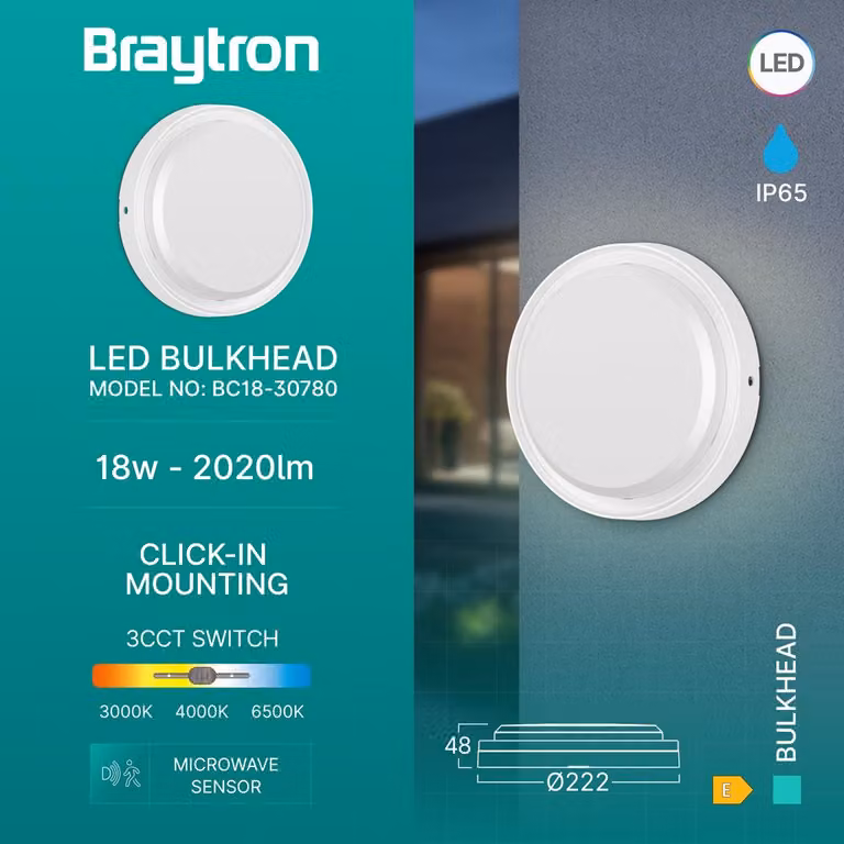 Braytron LED applique plafoniera sensore di movimento 18W IP65 3in1 luce esterna bianco