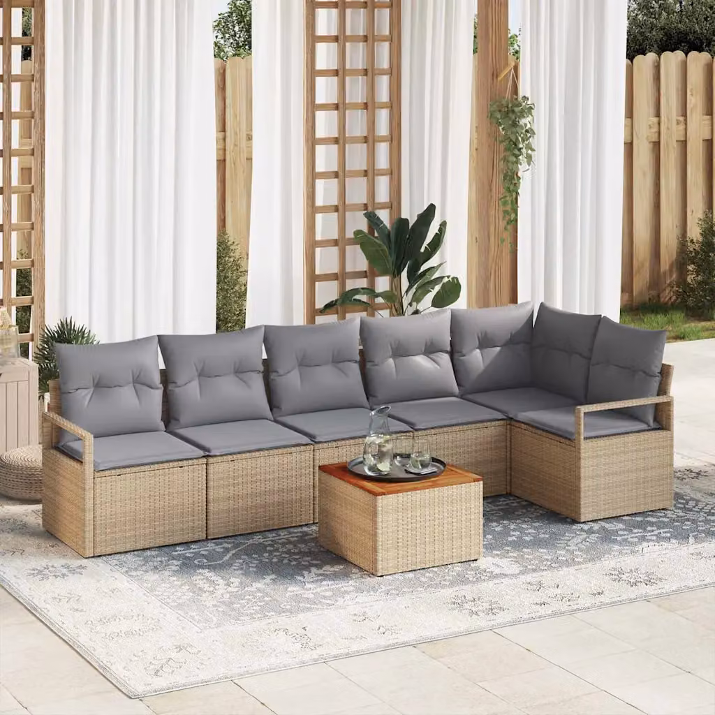 Set Divano da Giardino vidaXL 7 pz Beige in Polyrattan con Cuscini e Tavolino L-Shape