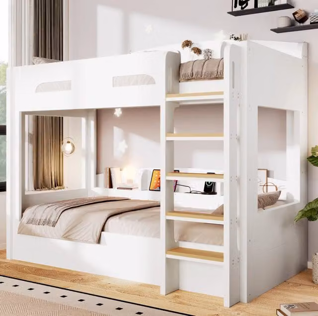 Letto a castello 90x200 cm con presa USB e ripiani laterali, bianco
