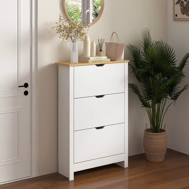 Scarpiera a ribalta WISHDOR bianca con 3 cassetti e ripiani interni, L: 72 cm, P: 26 cm, H: 112 cm