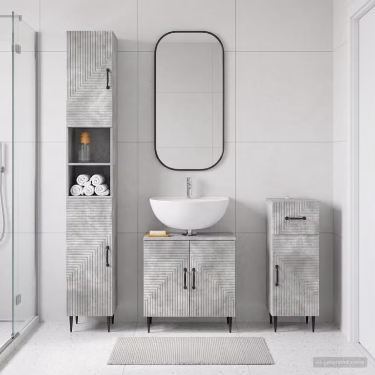 Set di armadietti da bagno moderni vidaXL HAARLEM in 3 pezzi, Grigio Cemento, L/P/H: 47.88 x 30.0 x 190.0 cm, 31.0 x 30.0 x 76.70 cm e 31.0 x 30.0 x 47.88 cm