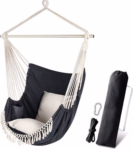 Amaca da giardino con 2 cuscini e tasca laterale - Struttura resistente - Set di sedie in macramè di grandi dimensioni - Tessuto in cotone di alta qualità per un comfort morbido - Ideale per interni ed esterni
