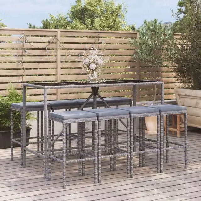 Set Bar da Giardino 9 pz con Cuscini in Polyrattan Grigio 3187638