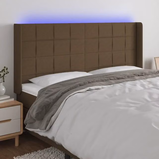 Testiera con LED Design Mania in tessuto marrone scuro con porta USB, L 203 cm x P 16 cm x H 118/128 cm