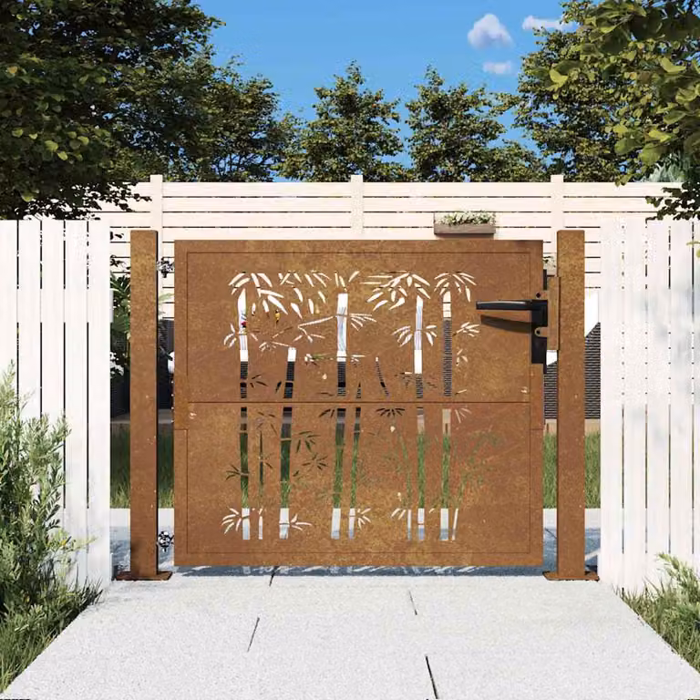 Cancello singolo da giardino vidaXL in acciaio Corten e design in bambù, colore marrone, L: 110 cm, H: 75 cm