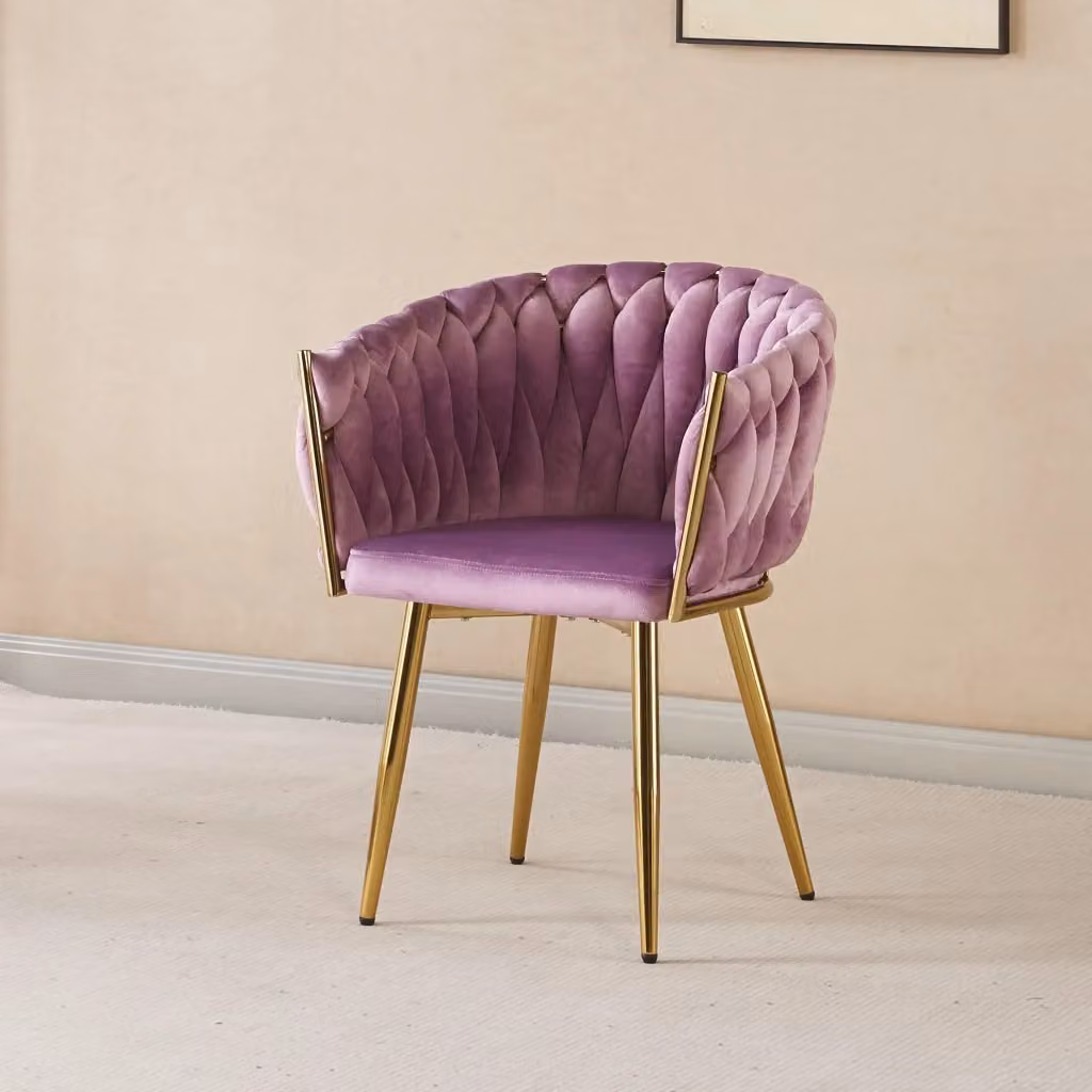 Poltrona moderna con schienale in velluto intrecciato e gambe in metallo placcato oro, sedia imbottita circolare viola per salotto, camera o cucina, IL GRUPPONE PASSIONE CASA – 2
