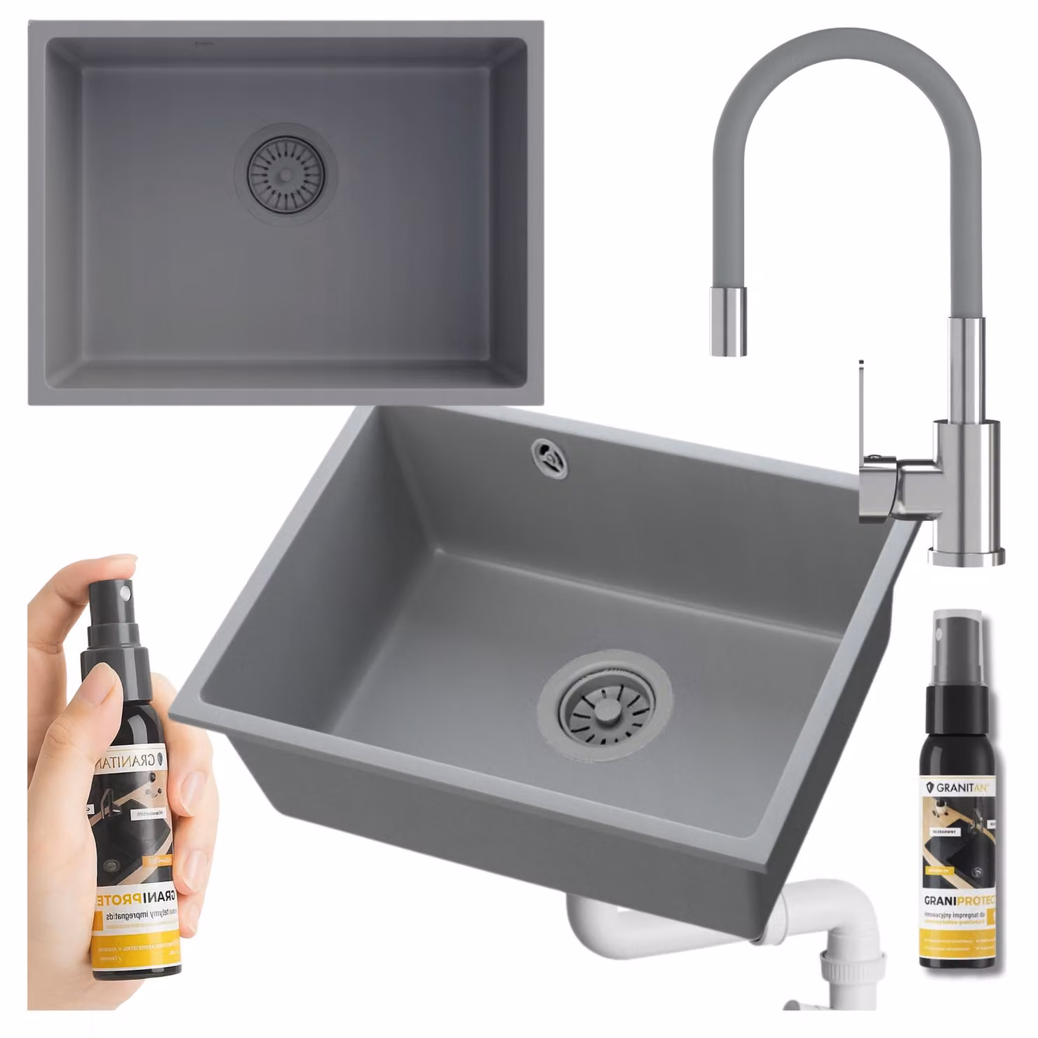 Granitan - Lavello in granito - Lavandino 53,5x40 cm - Lavello nero - con miscelatore - MANADO