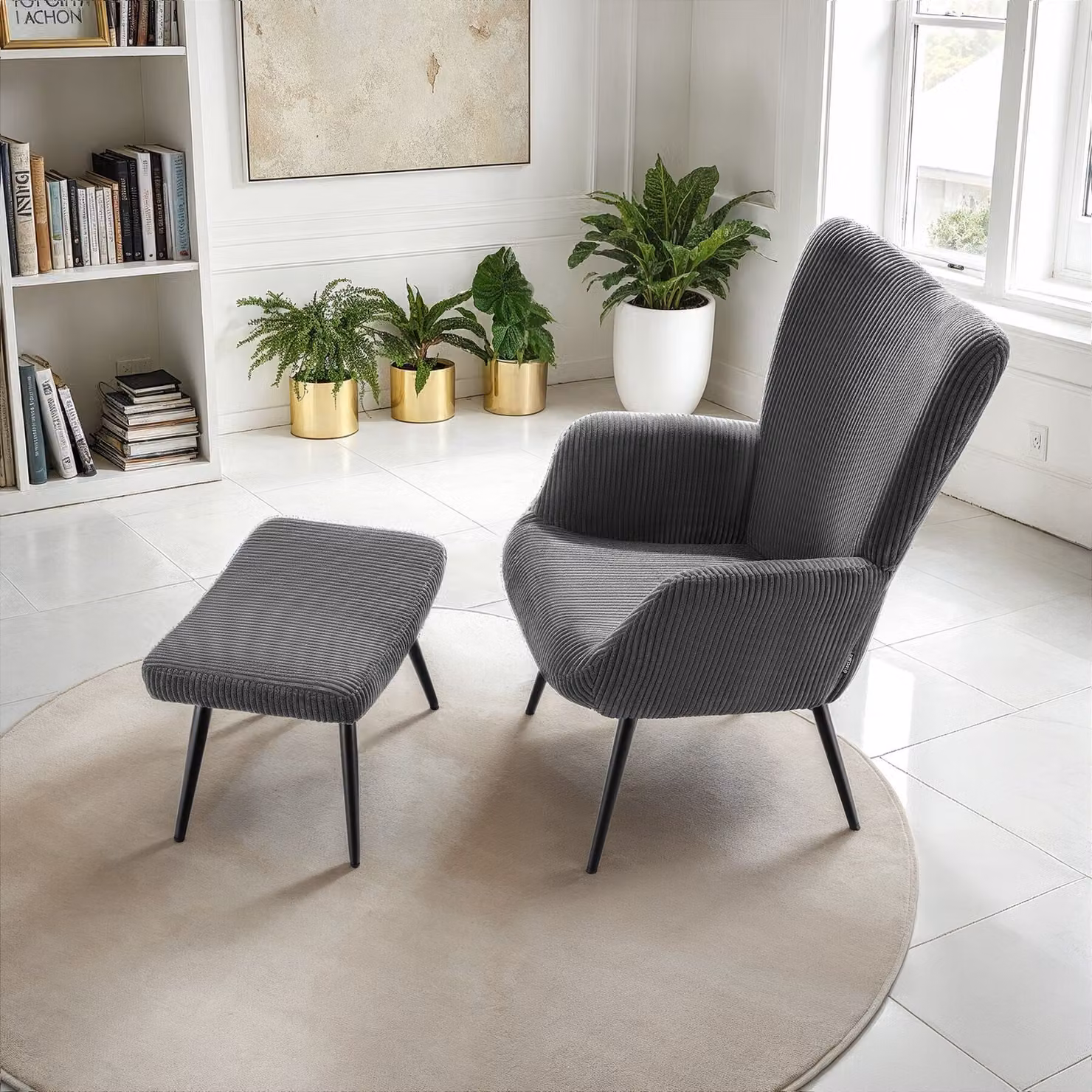 Poltrona Hygge tectake con pouf coordinato, design ergonomico in velluto e corda, colore antracite e nero, L: 100.5 cm, P: 72.0 cm, H: 76.0 cm – 2