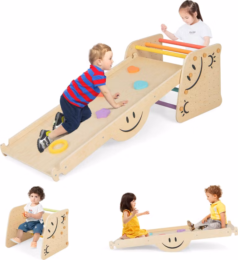 COSTWAY Struttura per arrampicata indoor 6 in 1, con sgabello e altalena regolabili in altezza, per bambini a partire dai 3 anni di età
