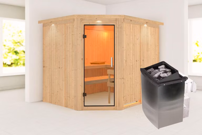 Karibu sauna cabina interna Malin sauna interna 3 panche in legno, cabina sauna con spessore parete 68 mm, sauna a vapore con materiale di montaggio