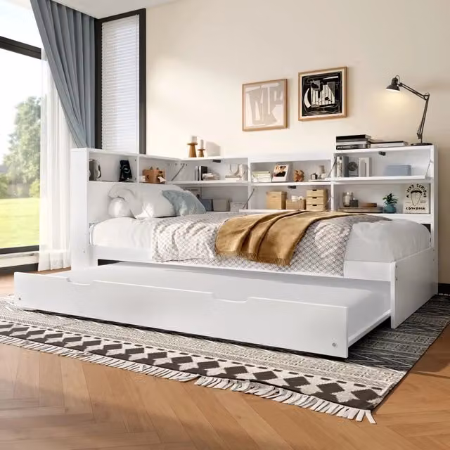 Letto estraibile 140x200 cm; testiera con vani portaoggetti; USB e tipo C; pino MDF e multistrato; bianco