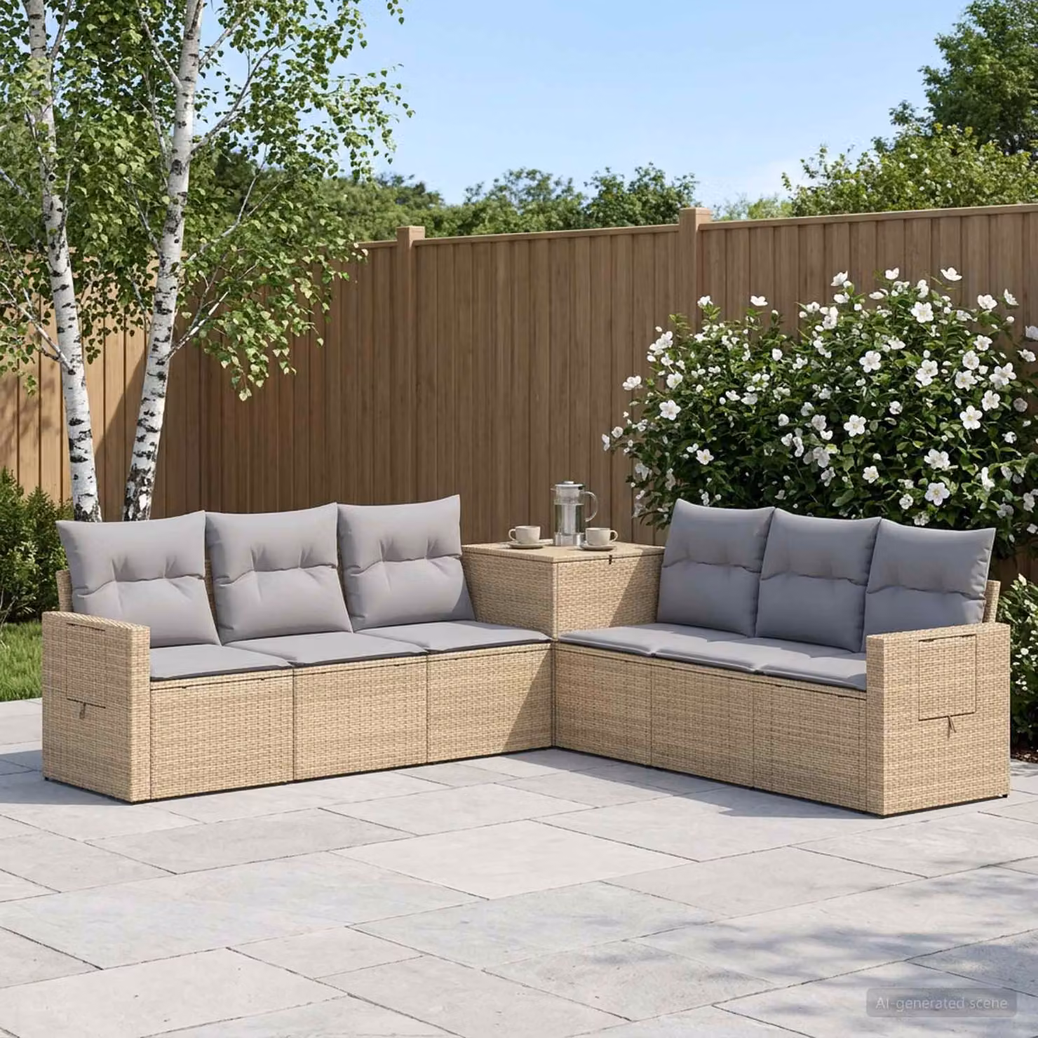 vidaXL Set di divani da giardino 7 pz in polyrattan beige e grigio chiaro con cuscini e struttura in metallo