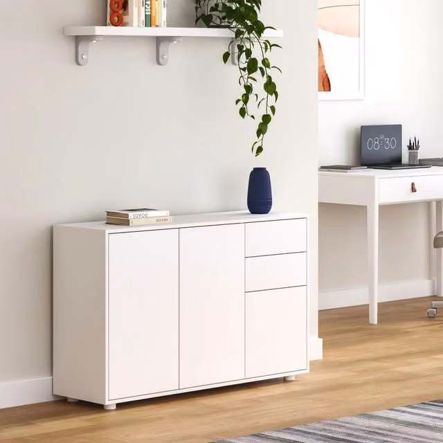 Credenza Paarl Comò con 3 Ante e 2 Cassetti 74x117x36 cm - Bianco Opaco [en.casa]