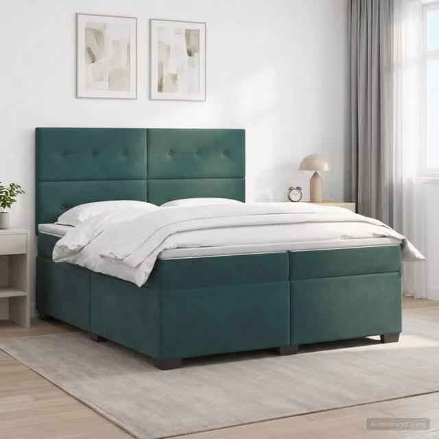 Letto box spring con materasso ibrido vidaXL in velluto verde scuro e bianco L/P: 200 x 200 cm – 1