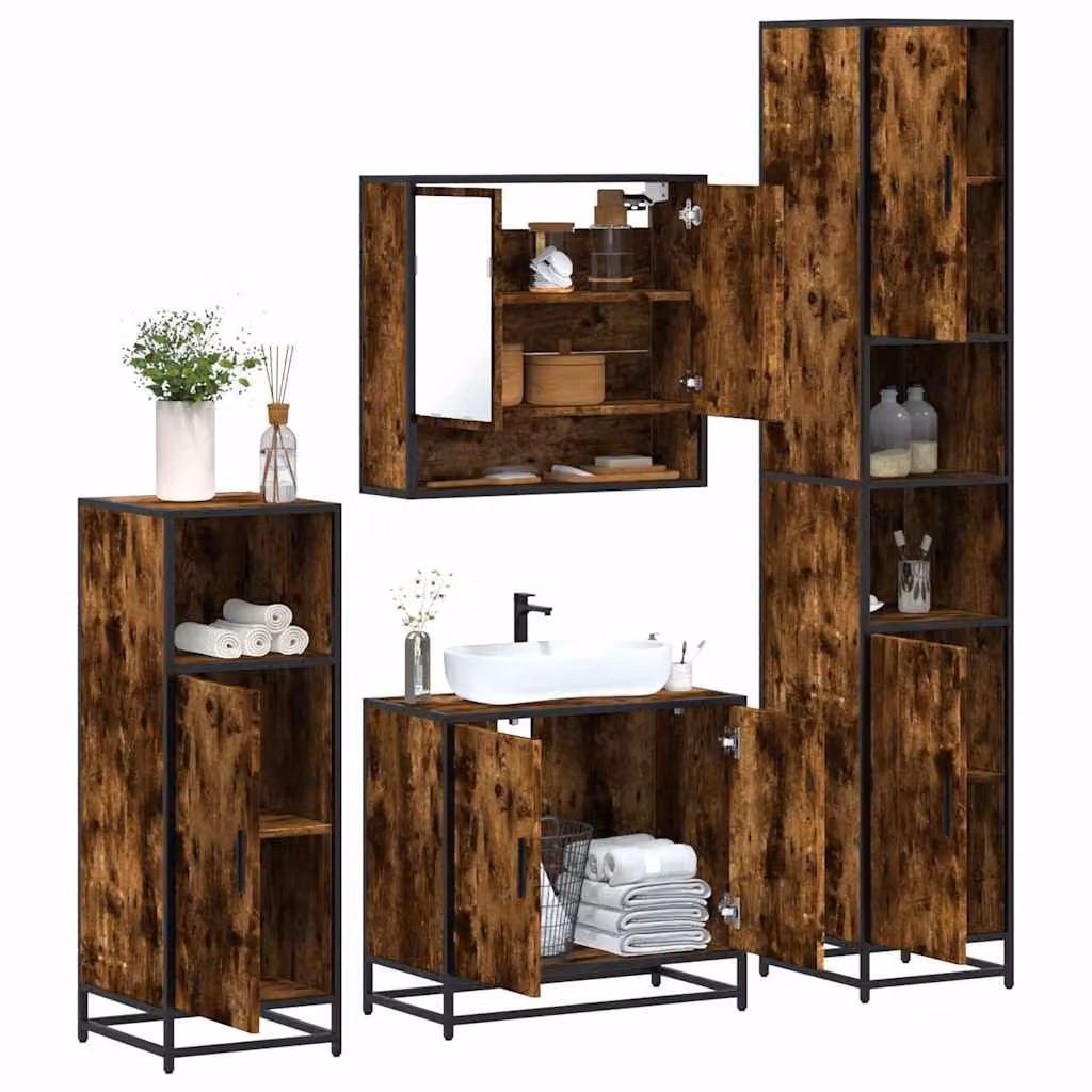 Set di mobili da bagno industrial vidaXL in legno e metallo marrone composto da armadietto con specchio, mobile lavabo, mobile laterale e colonna alta
