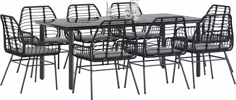 Set da Pranzo da Giardino 9 pz con Cuscini Polyrattan Vetro
