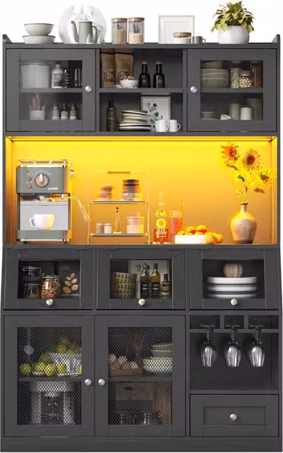 Credenza da cucina alta nera con ante in vetro, illuminazione LED, USB, cassetto e ripiani regolabili, L/P/H: 120 x 40 x 181.7 cm