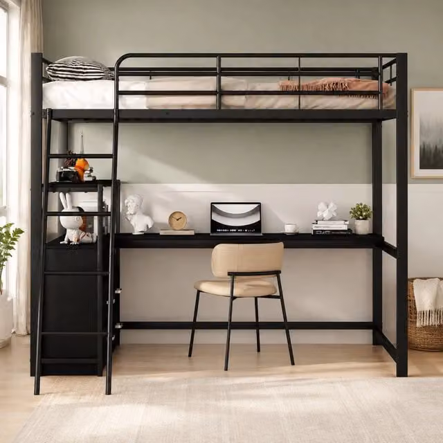 Letto a soppalco 140x200 cm nero con scrivania a L e cassetti