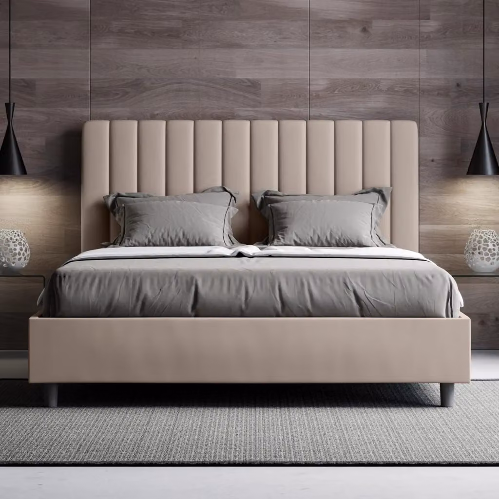 Letto Matrimoniale Agueda con Contenitore e Rete con Alzata Imbottito in Similpelle Colore Tortora L: 160 cm, P: 190 cm – 2