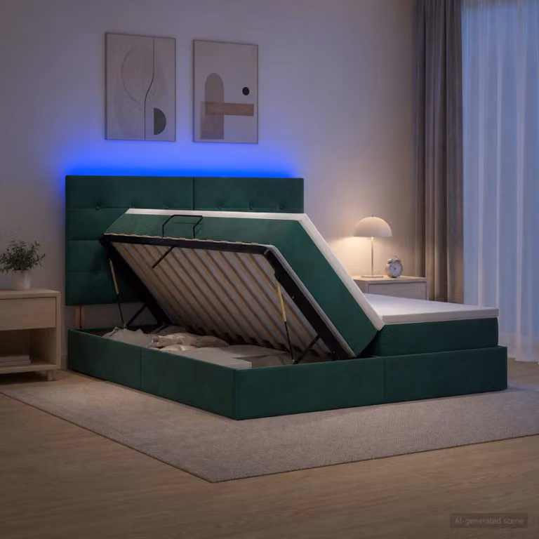 Letto con contenitore e materasso ibrido vidaXL in velluto verde scuro con illuminazione LED e porta USB L/P/H: 180 x 200 x 140 cm