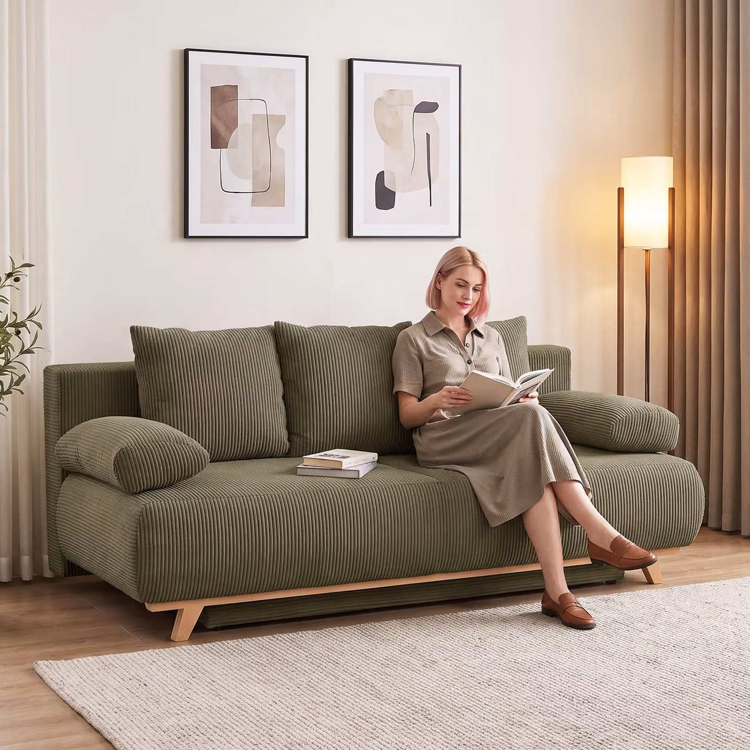 Divano letto HOMCOM con schienale regolabile, vano contenitore e tessuto a coste, verde scuro, 140x190 cm – 2