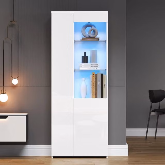 Vetrina moderna bianca WISHDOR con ante in vetro, illuminazione integrata e ripiani interni, L/P/H: 70 x 35 x 180 cm