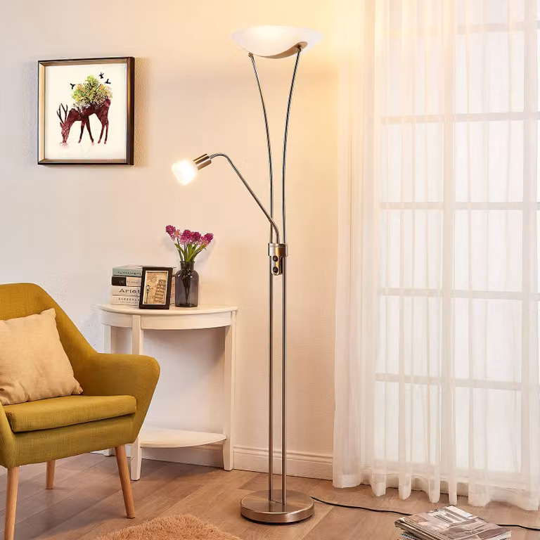 Lampada da terra con luce lettura Felicia Lindby, Alluminio / Grigio / Zincato, Soggiorno / Sala da pranzo, Metallo, Moderno, Lampada da terra