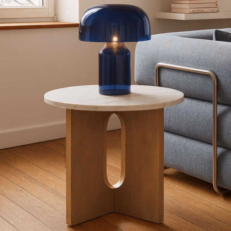 Tavolino da caffè rotondo moderno 50 cm effetto marmo legno chiaro - Oviala Klery
