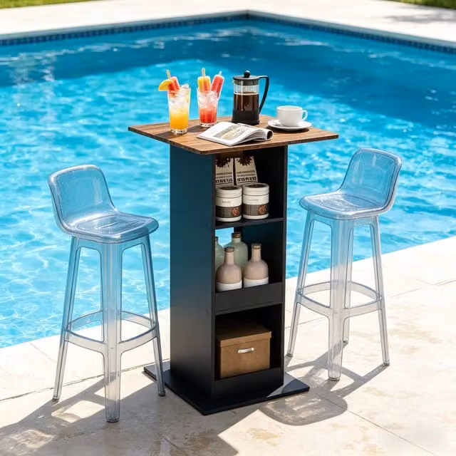 Tavolo alto 2 in 1 Mivray con 3 vani a giorno in pannello nero e marrone rustico L 60 cm x P 60 cm x H 109 cm