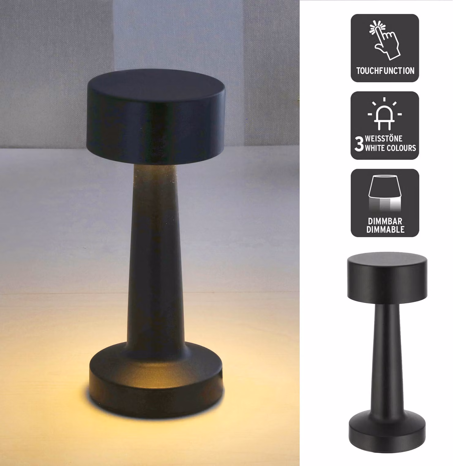 Lampada da tavolo Metall Akku, nera, con funzione touch, 3 tonalità di luce bianca, lampada da comodino USB ricaricabile, luminosità regolabile, lampada da scrivania dimmerabile
