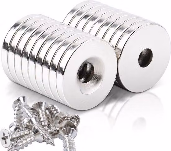 18 magneti al neodimio con foro 20x3 mm, magneti potenti, diametro incassato 5 mm, piccoli magneti potenti per lavagne magnetiche, mobili da cucina, frigoriferi, bacheche, lavagne magnetiche in cucina e in ufficio
