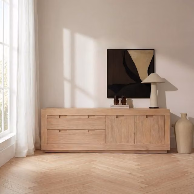Mobile TV Sisal Banak in legno massello di acacia color beige, Larghezza: 200 cm